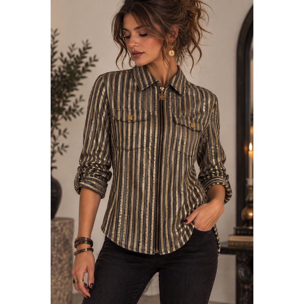 Anne Klein Metallic Gold Striped Zip Front Utility Top Grey White Size L16